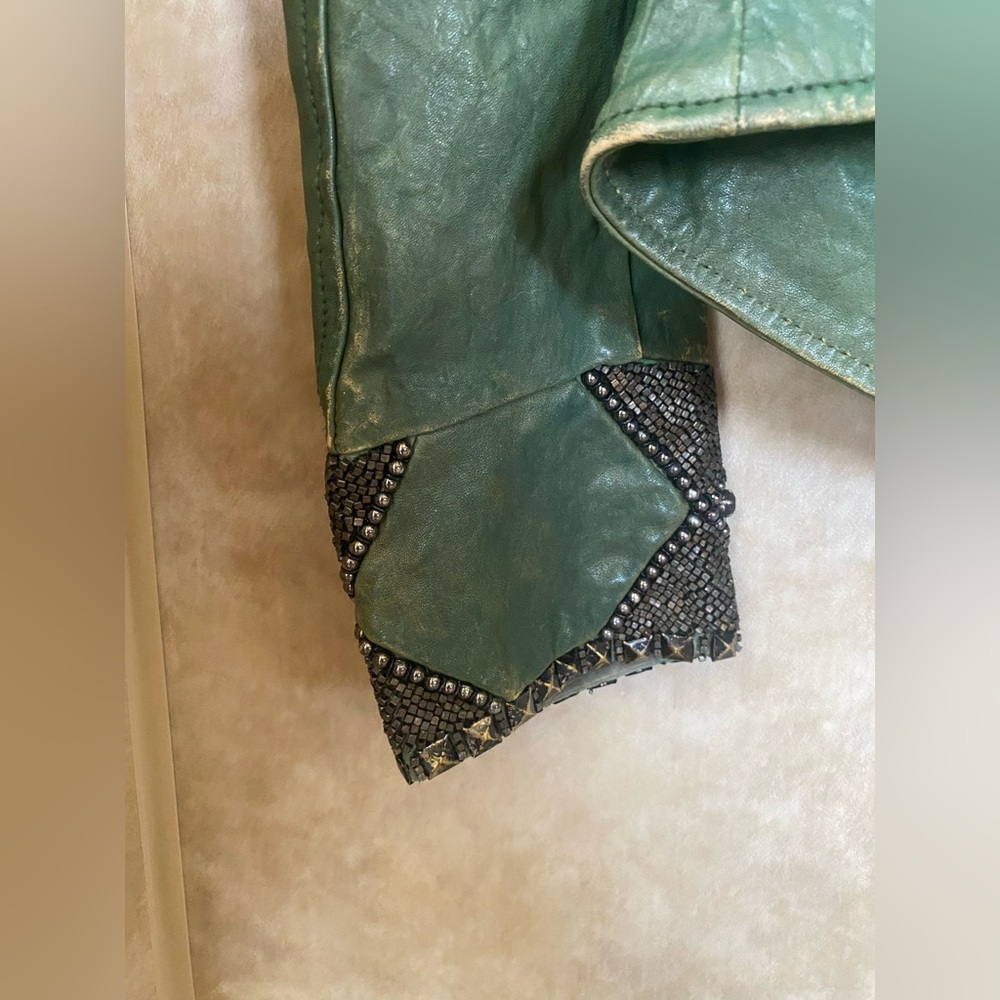 Diesel Distressed Dark Green Leather Premise Beaded Moto Jacket - Picture 10 of 14
